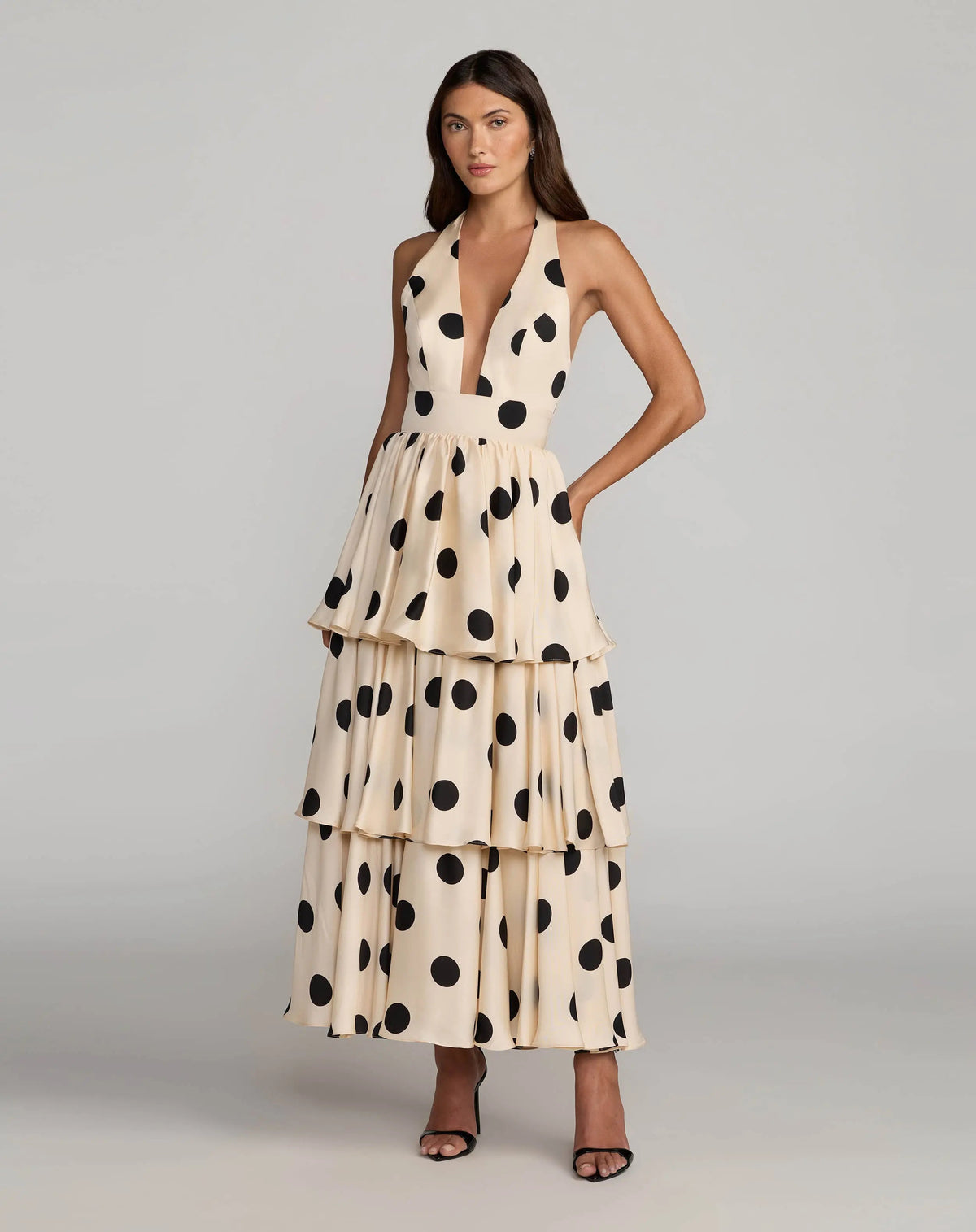 Beige Halter Neck Polka Dot Ruffle Maxi Dress