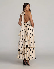 Beige Halter Neck Polka Dot Ruffle Maxi Dress