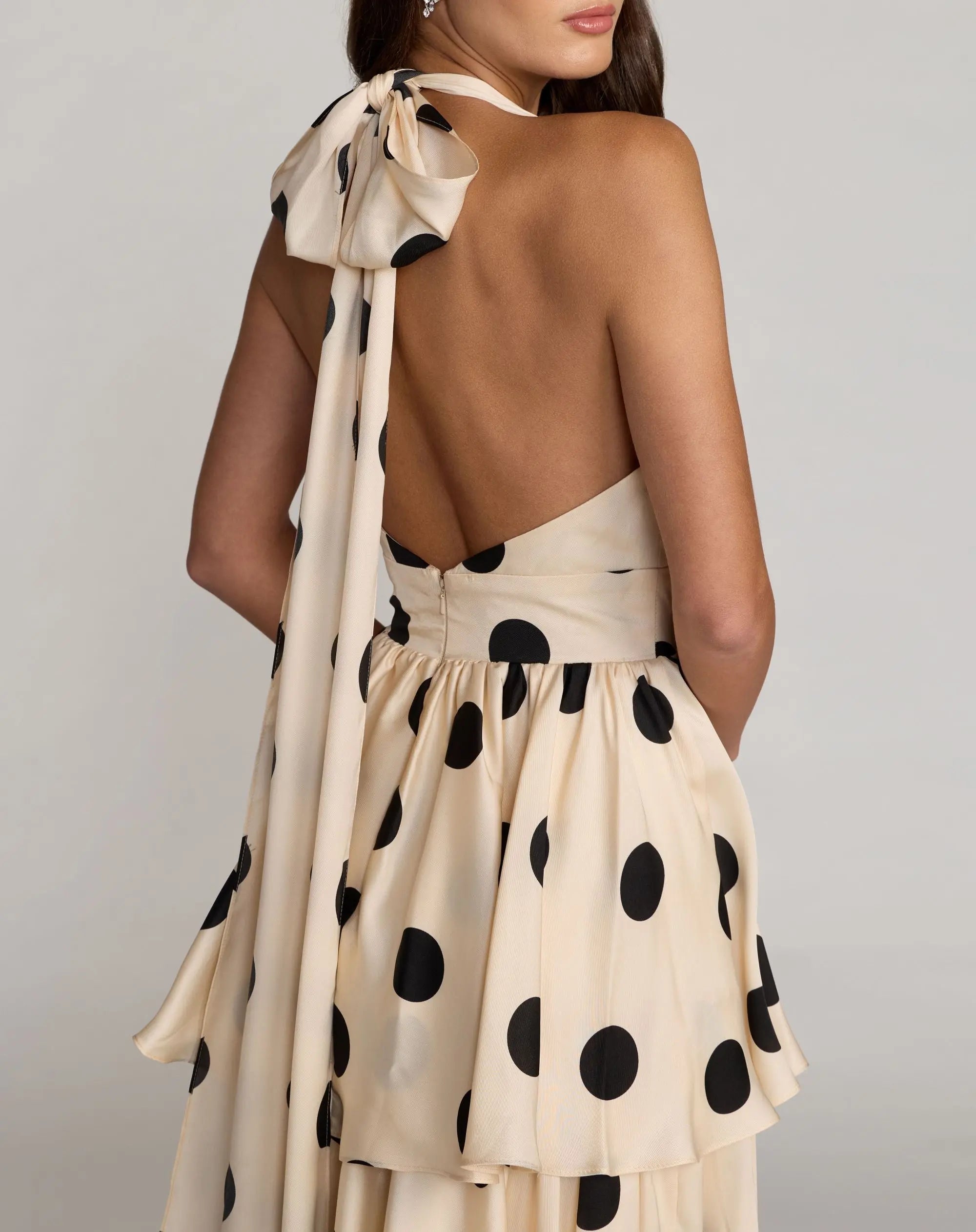 Beige Halter Neck Polka Dot Ruffle Maxi Dress