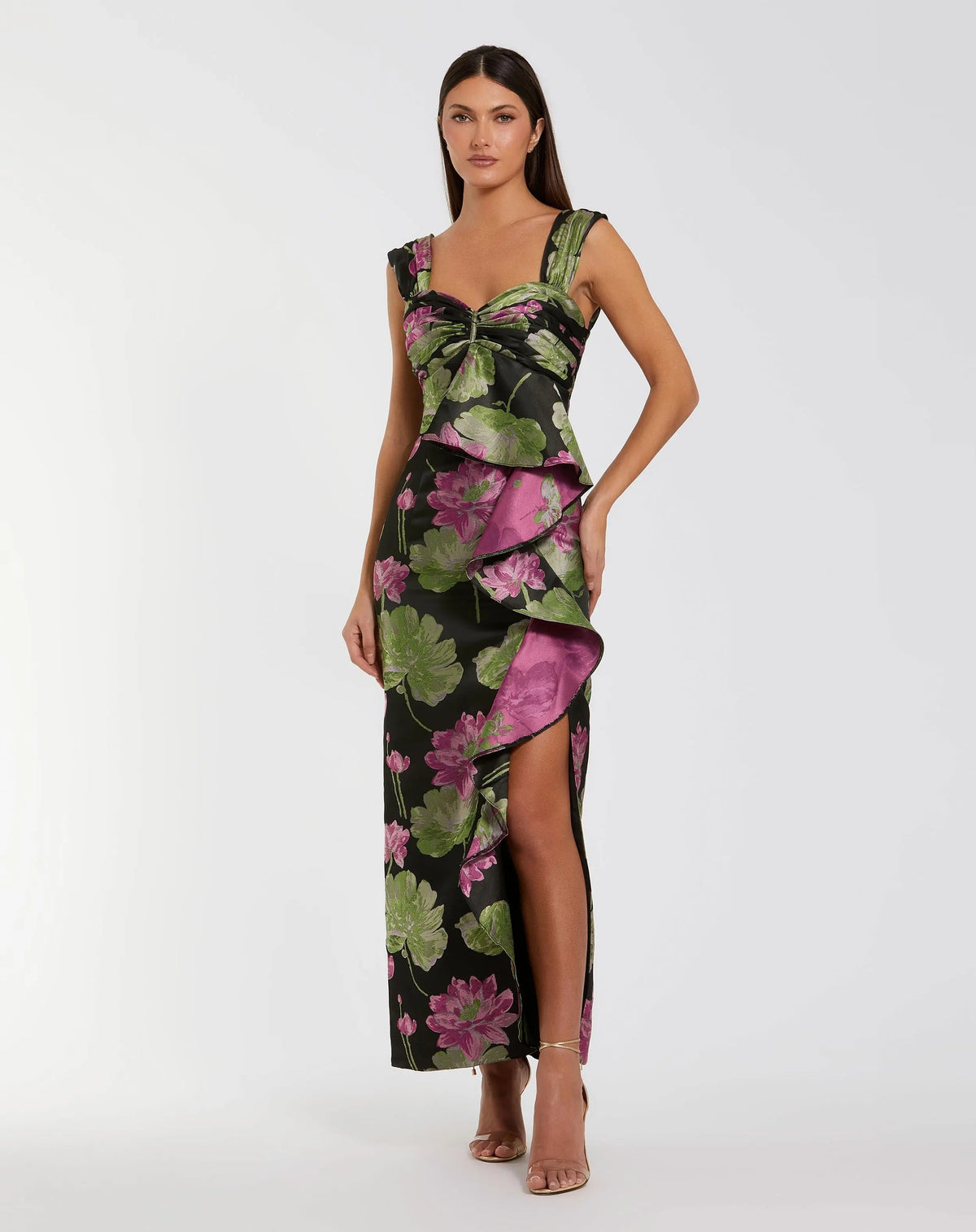 Black Sleeveless Floral Maxi Dress With Ruffle Detail