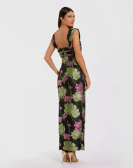 Black Sleeveless Floral Maxi Dress With Ruffle Detail
