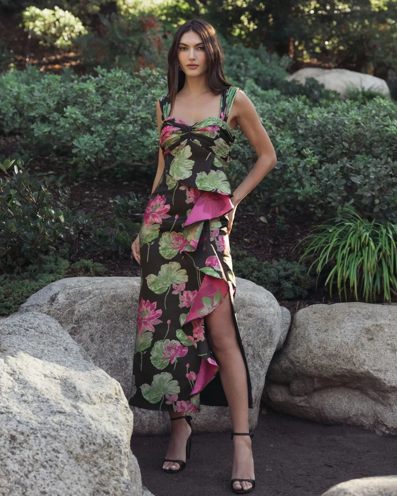 Black Sleeveless Floral Maxi Dress With Ruffle Detail