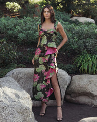 Black Sleeveless Floral Maxi Dress With Ruffle Detail