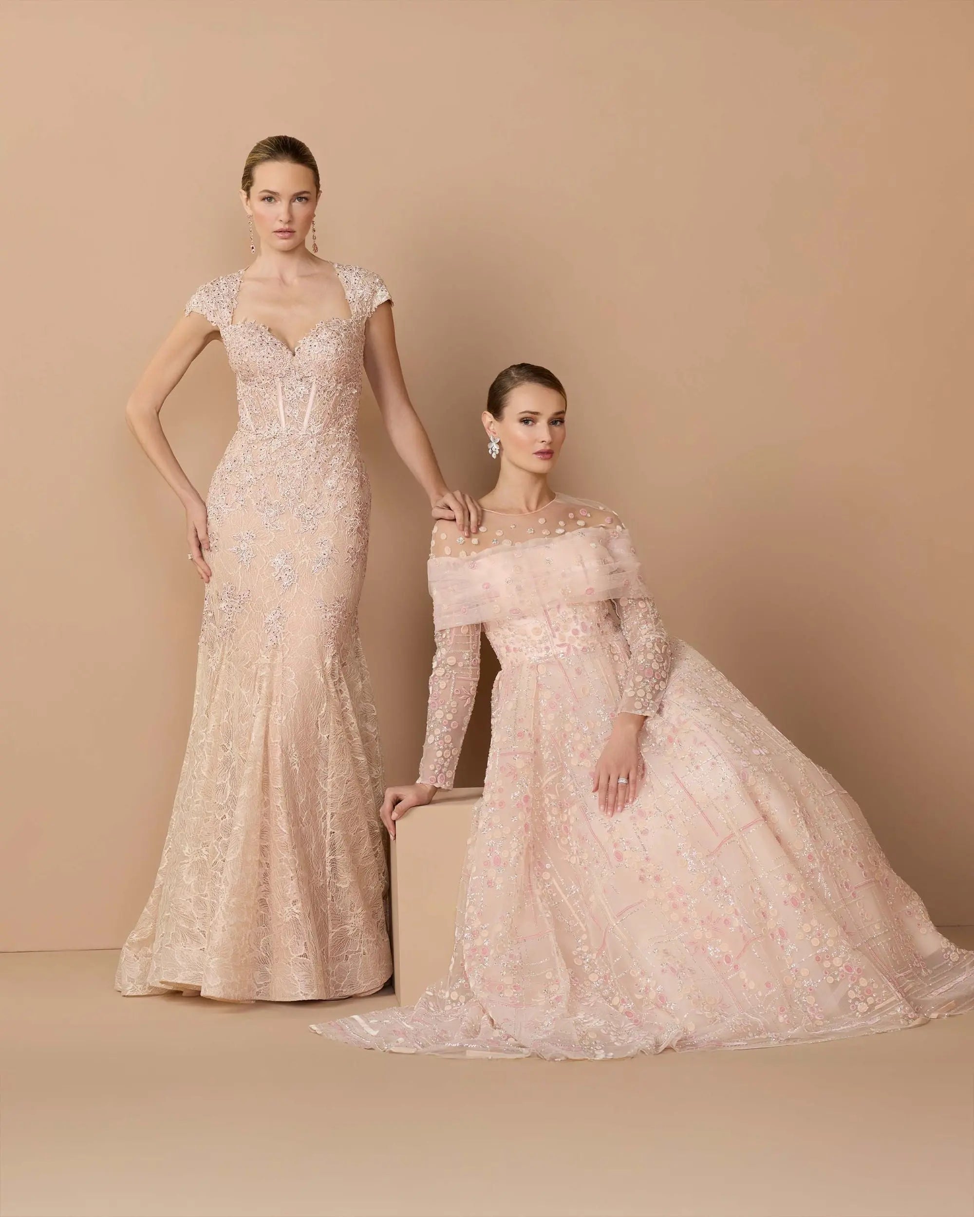 Pink Embroidered Lace Mermaid Gown With Cap Sleeves