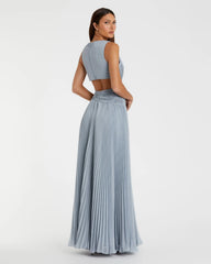 Blue Ruched Chiffon Sleeveless Gown With 3D Flower