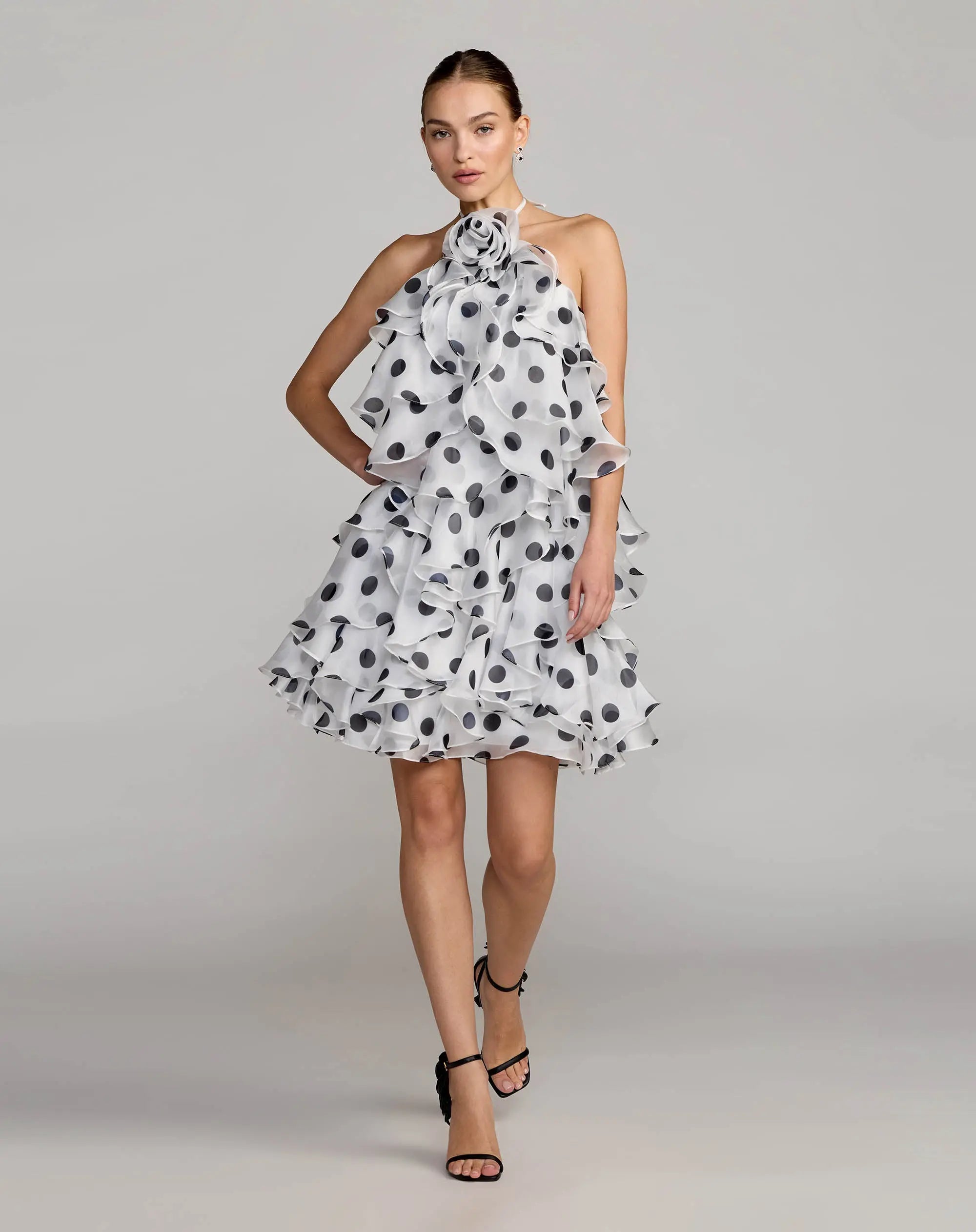 White Polka Dot Halter Neck Ruffle Mini Dress