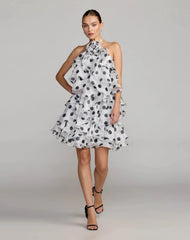 White Polka Dot Halter Neck Ruffle Mini Dress