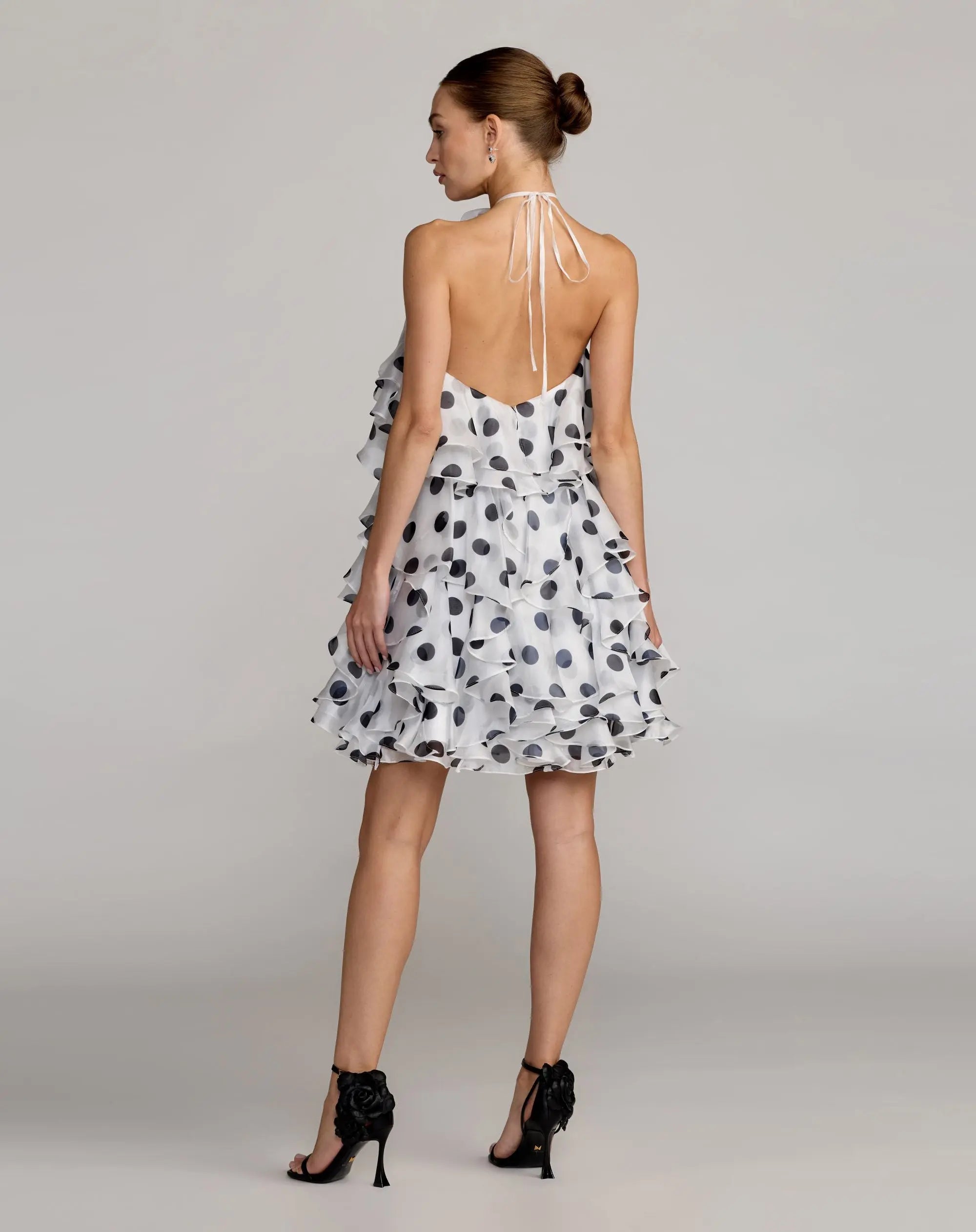 White Polka Dot Halter Neck Ruffle Mini Dress