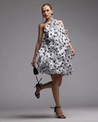 White Polka Dot Halter Neck Ruffle Mini Dress