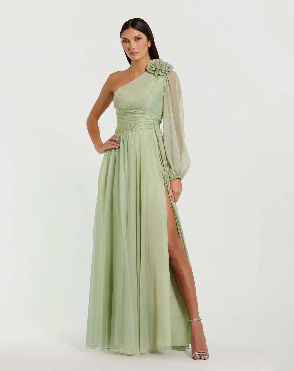 Green One Shoulder 3D Flower Gown With Slit