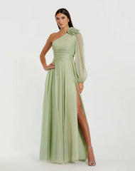 Green One Shoulder 3D Flower Gown With Slit