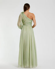 Green One Shoulder 3D Flower Gown With Slit
