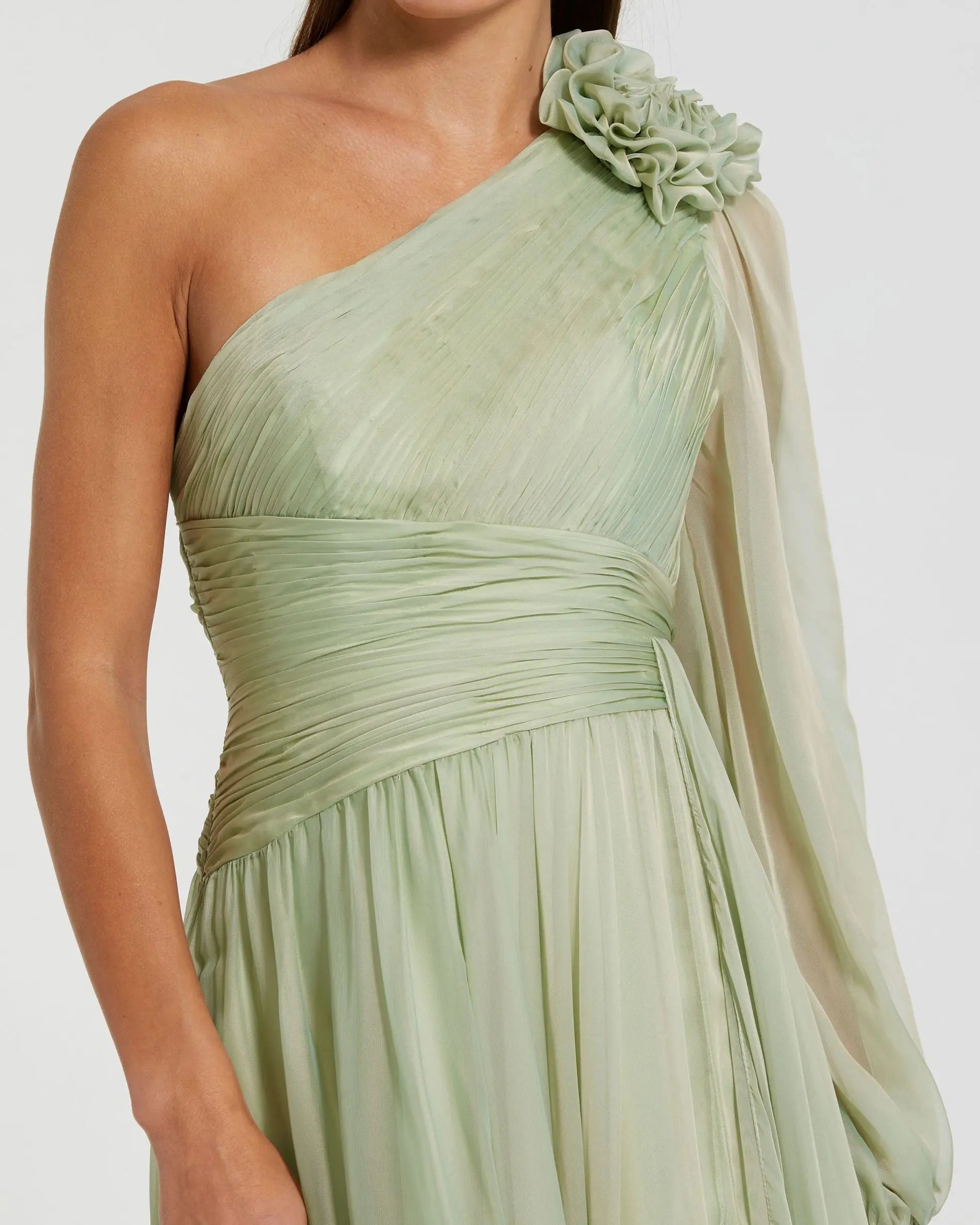 Green One Shoulder 3D Flower Gown With Slit