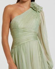 Green One Shoulder 3D Flower Gown With Slit
