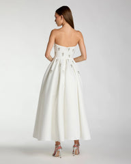 White Crystal Embellished Strapless Satin A-Line Dress