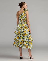 Yellow One Shoulder Floral Tiered Midi Dress