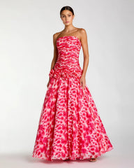 Pink Strapless Chiffon Ball Gown With 3D Flowers