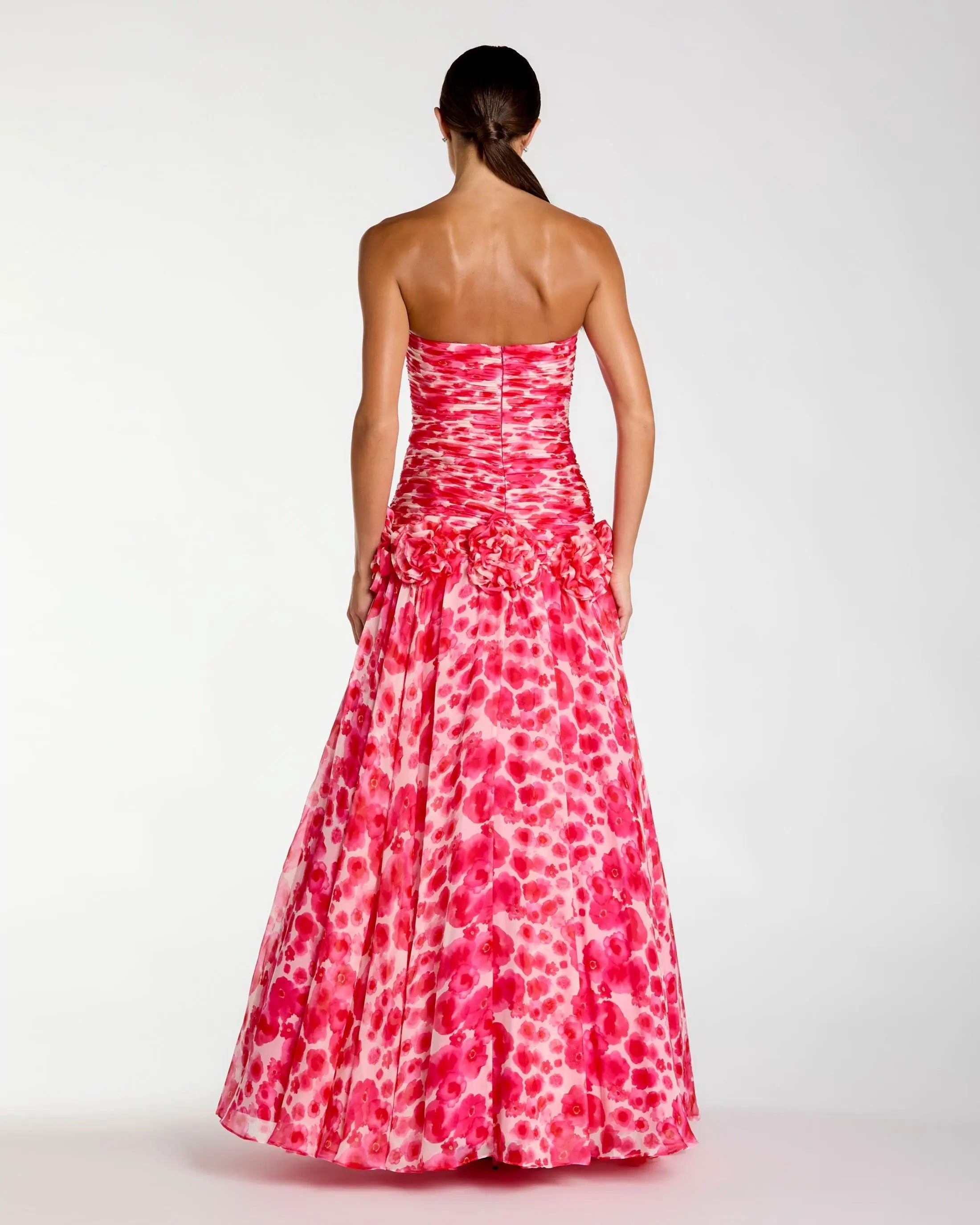 Pink Strapless Chiffon Ball Gown With 3D Flowers