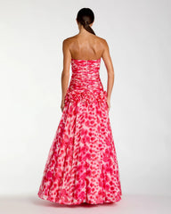 Pink Strapless Chiffon Ball Gown With 3D Flowers
