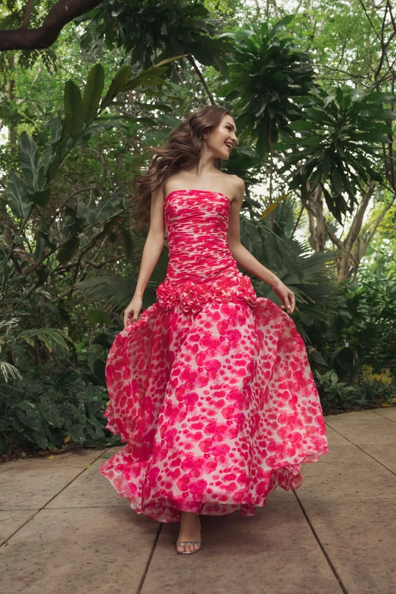 Pink Strapless Chiffon Ball Gown With 3D Flowers