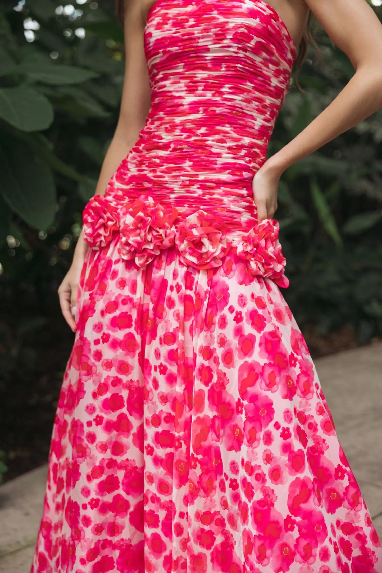 Pink Strapless Chiffon Ball Gown With 3D Flowers