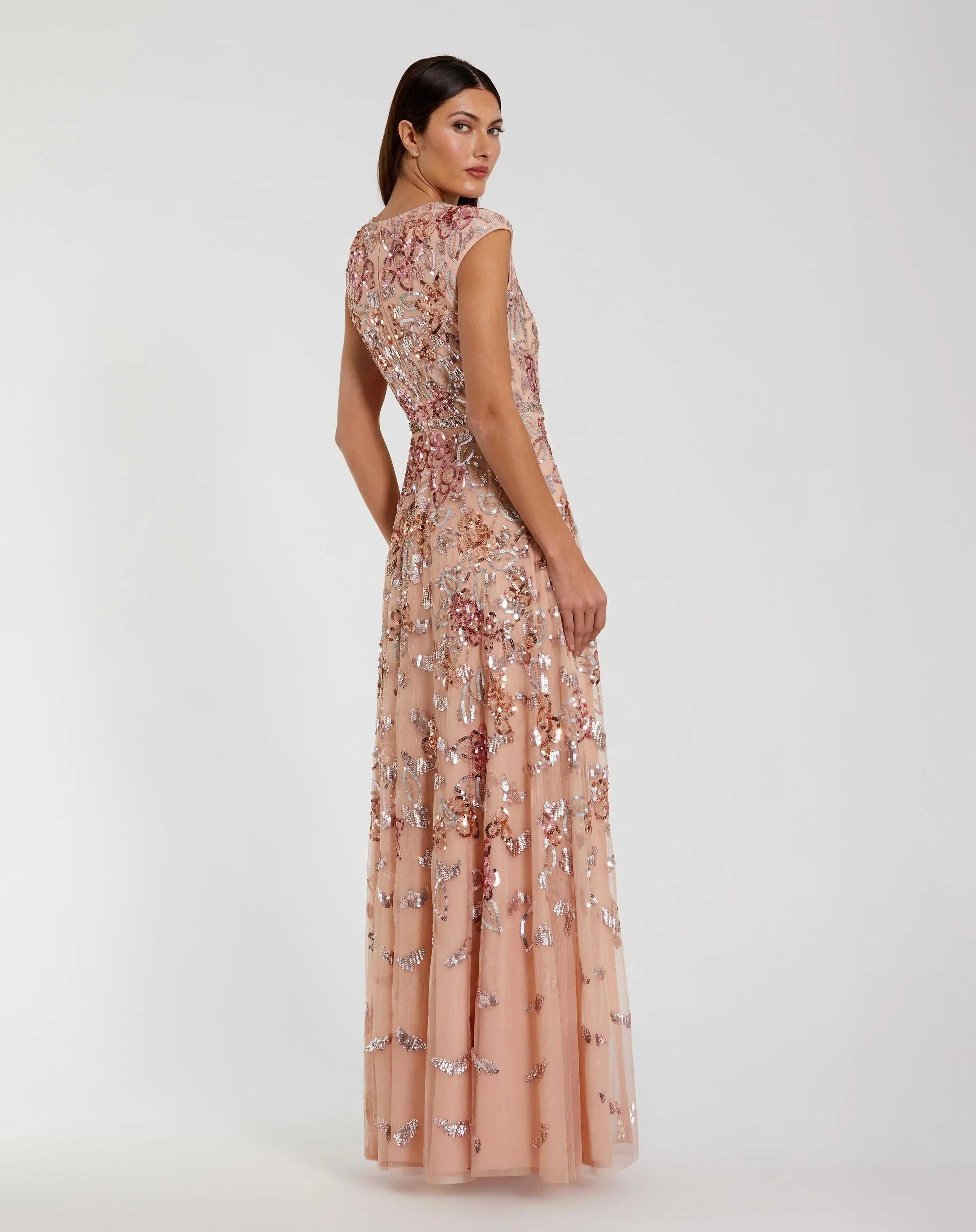 Orange Sequin High Neck Cap Sleeve A Line Gown