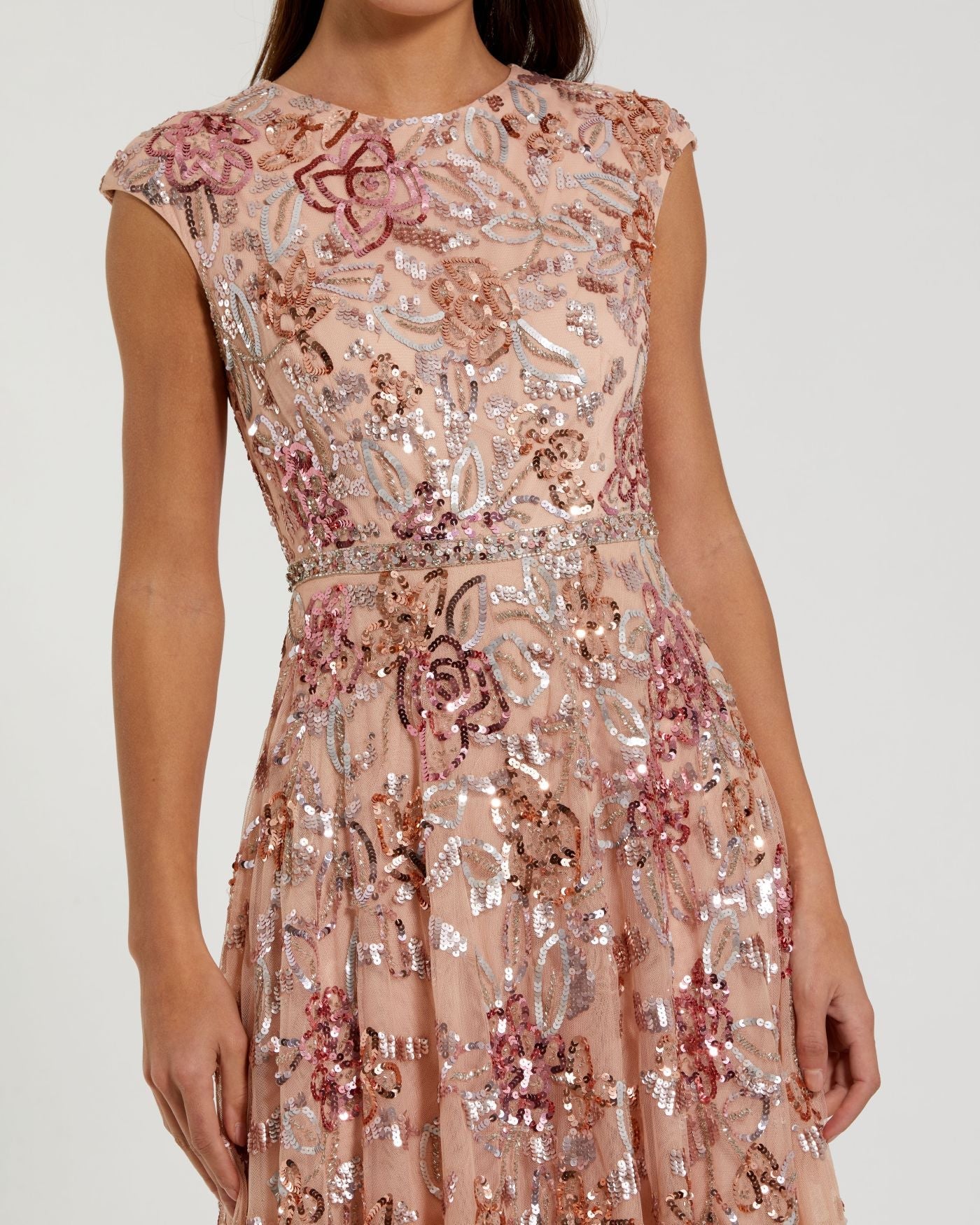 Orange Sequin High Neck Cap Sleeve A Line Gown