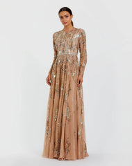 Beige Long Sleeve Sequin Embellished Gown