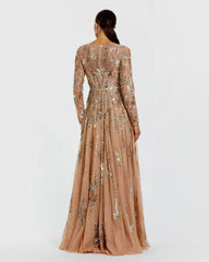 Beige Long Sleeve Sequin Embellished Gown