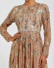 Beige Long Sleeve Sequin Embellished Gown