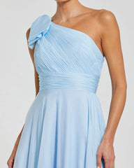 Blue One Shoulder Pleated Evening Gown with Bow