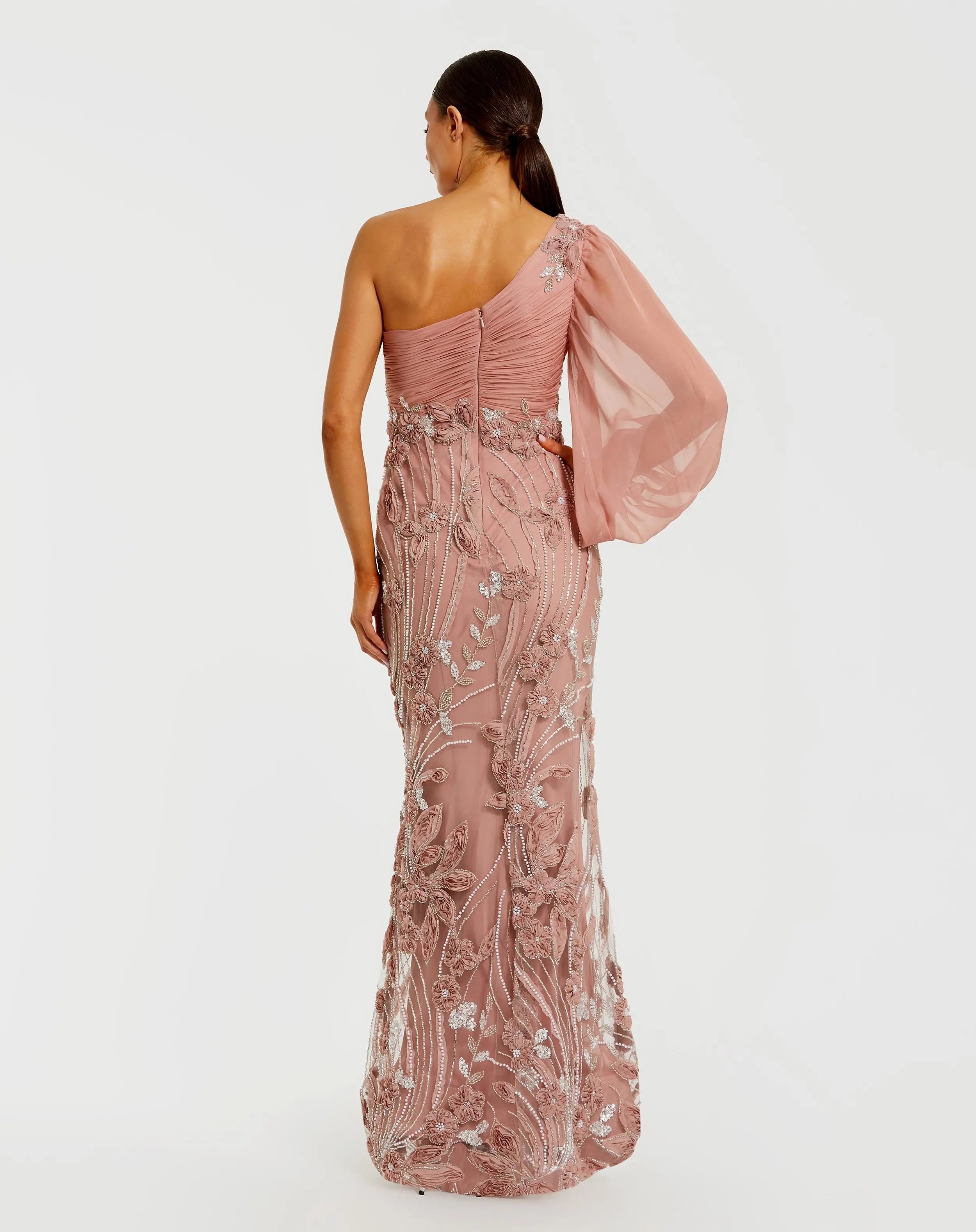Pink One Sleeve Chiffon Embellished Gown