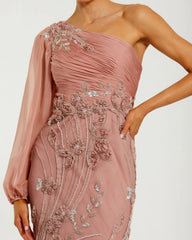 Pink One Sleeve Chiffon Embellished Gown