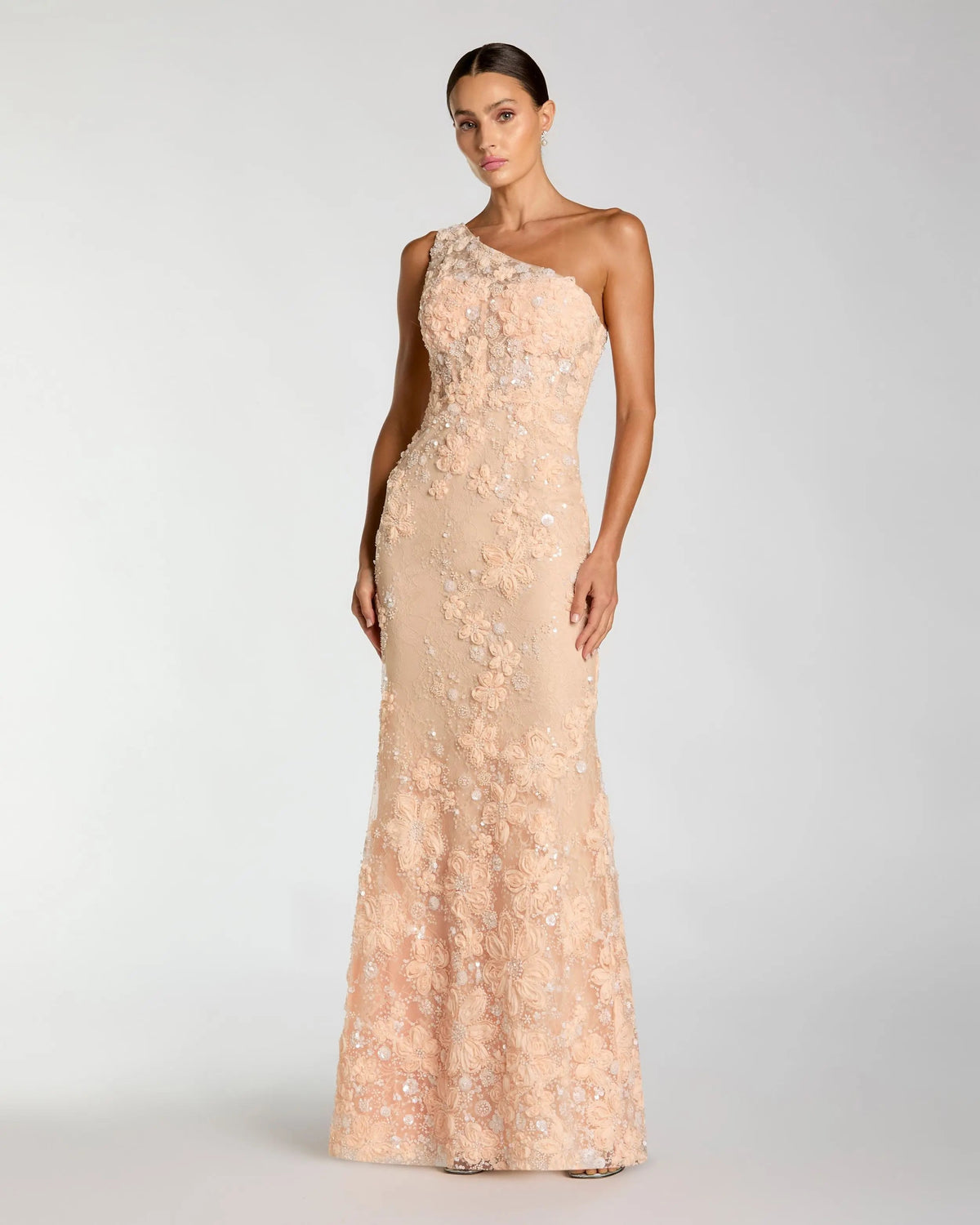 Orange One Shoulder Floral Appliqué Sequin Gown