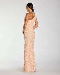Orange One Shoulder Floral Appliqué Sequin Gown