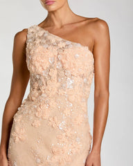 Orange One Shoulder Floral Appliqué Sequin Gown