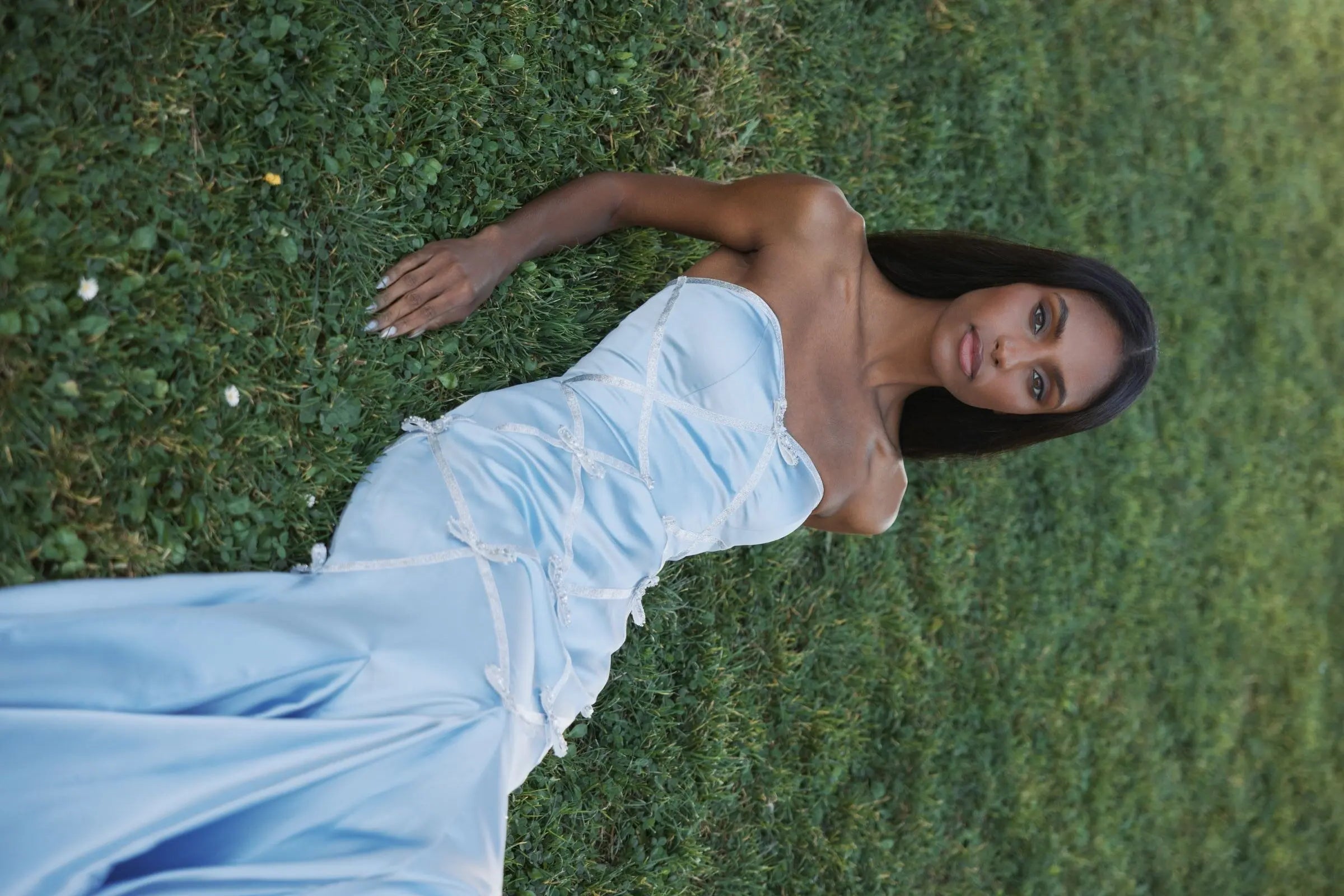 Blue Strapless Satin Trumpet Gown With Bow Details