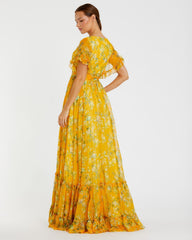 Yellow Multicolor Flounce Sleeve Floral Maxi Dress