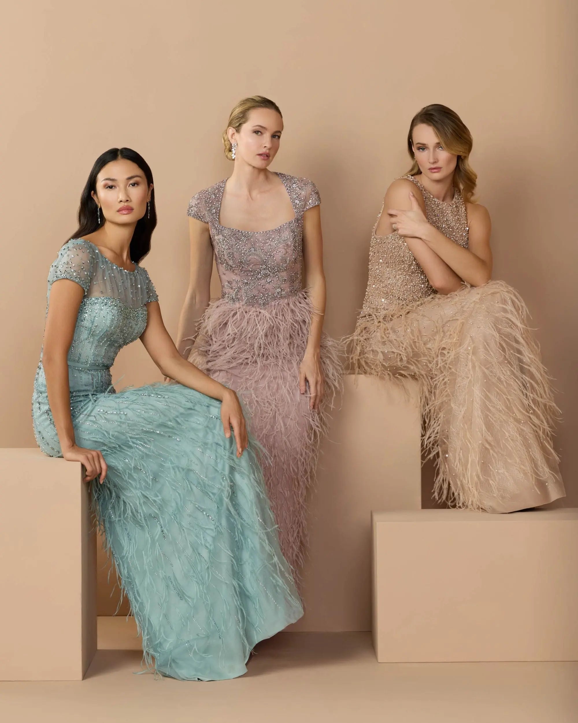 Blue Rhinestone Embellished Illusion Neck Feather Gown