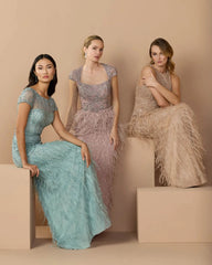 Blue Rhinestone Embellished Illusion Neck Feather Gown