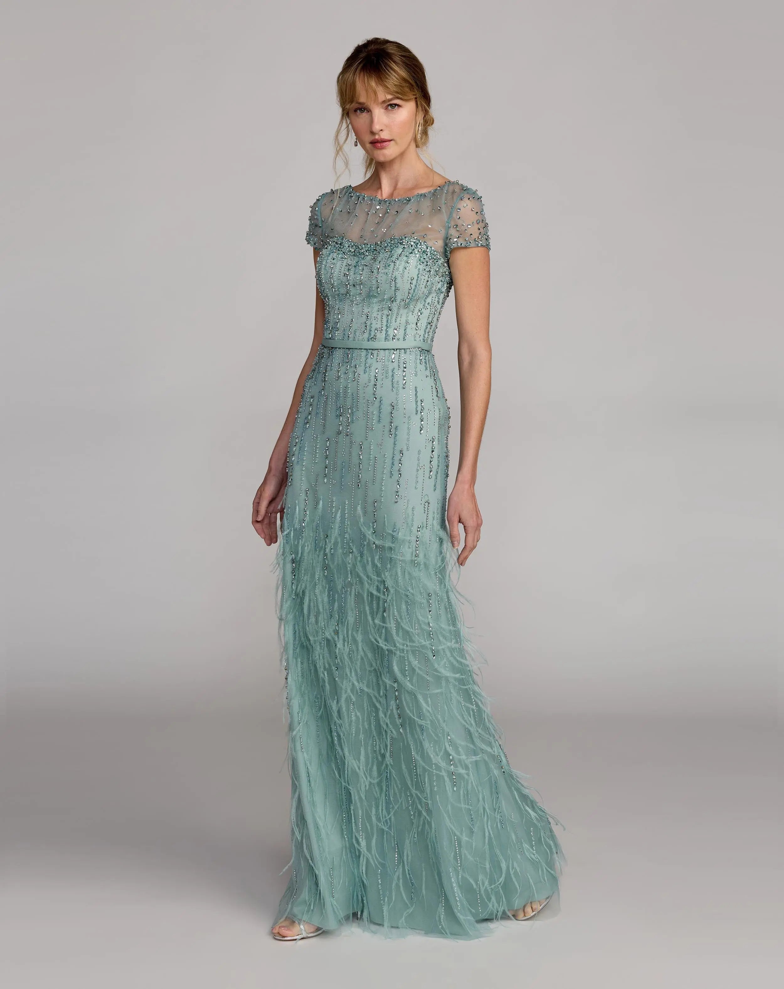 Blue Rhinestone Embellished Illusion Neck Feather Gown