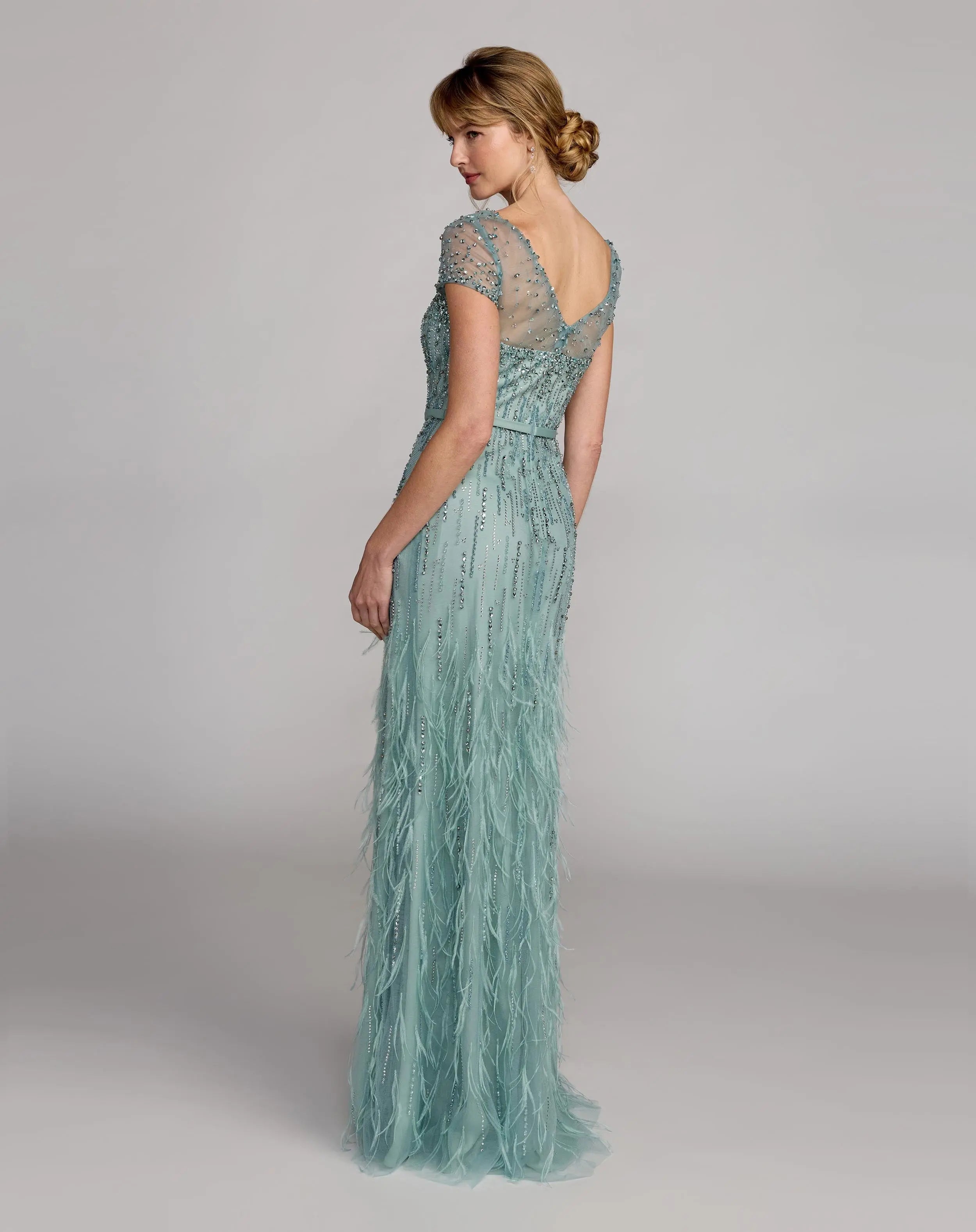 Blue Rhinestone Embellished Illusion Neck Feather Gown
