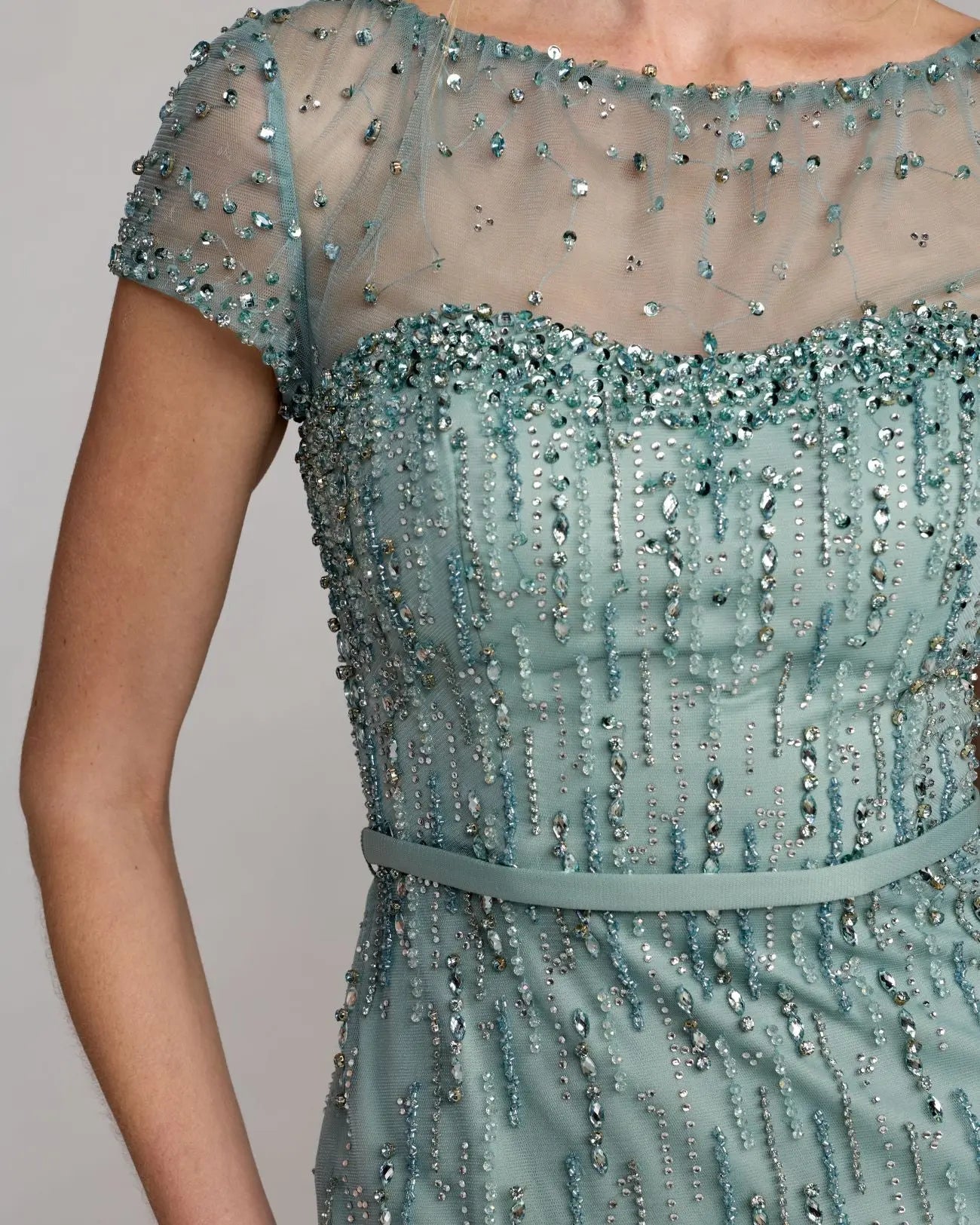 Blue Rhinestone Embellished Illusion Neck Feather Gown