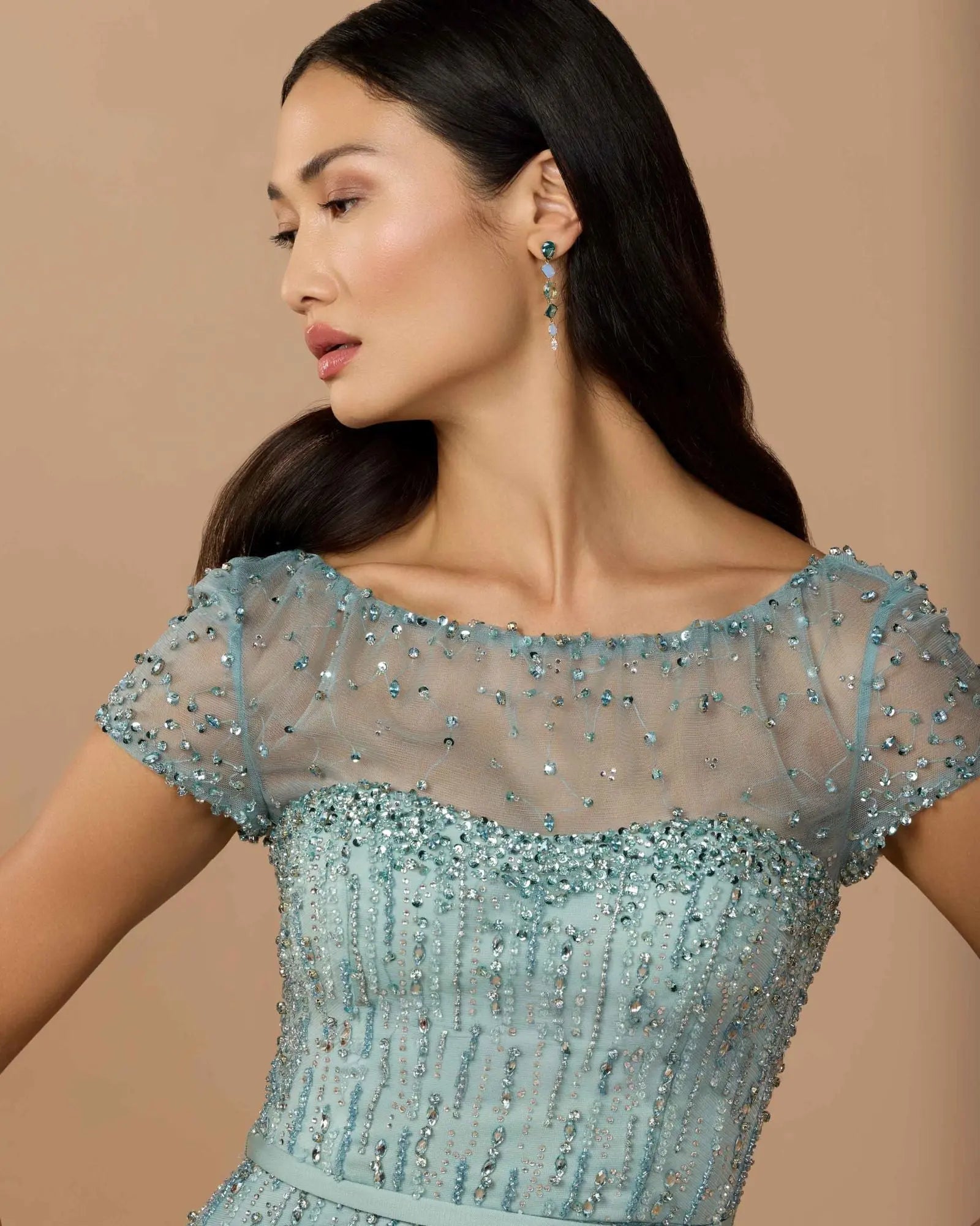 Blue Rhinestone Embellished Illusion Neck Feather Gown