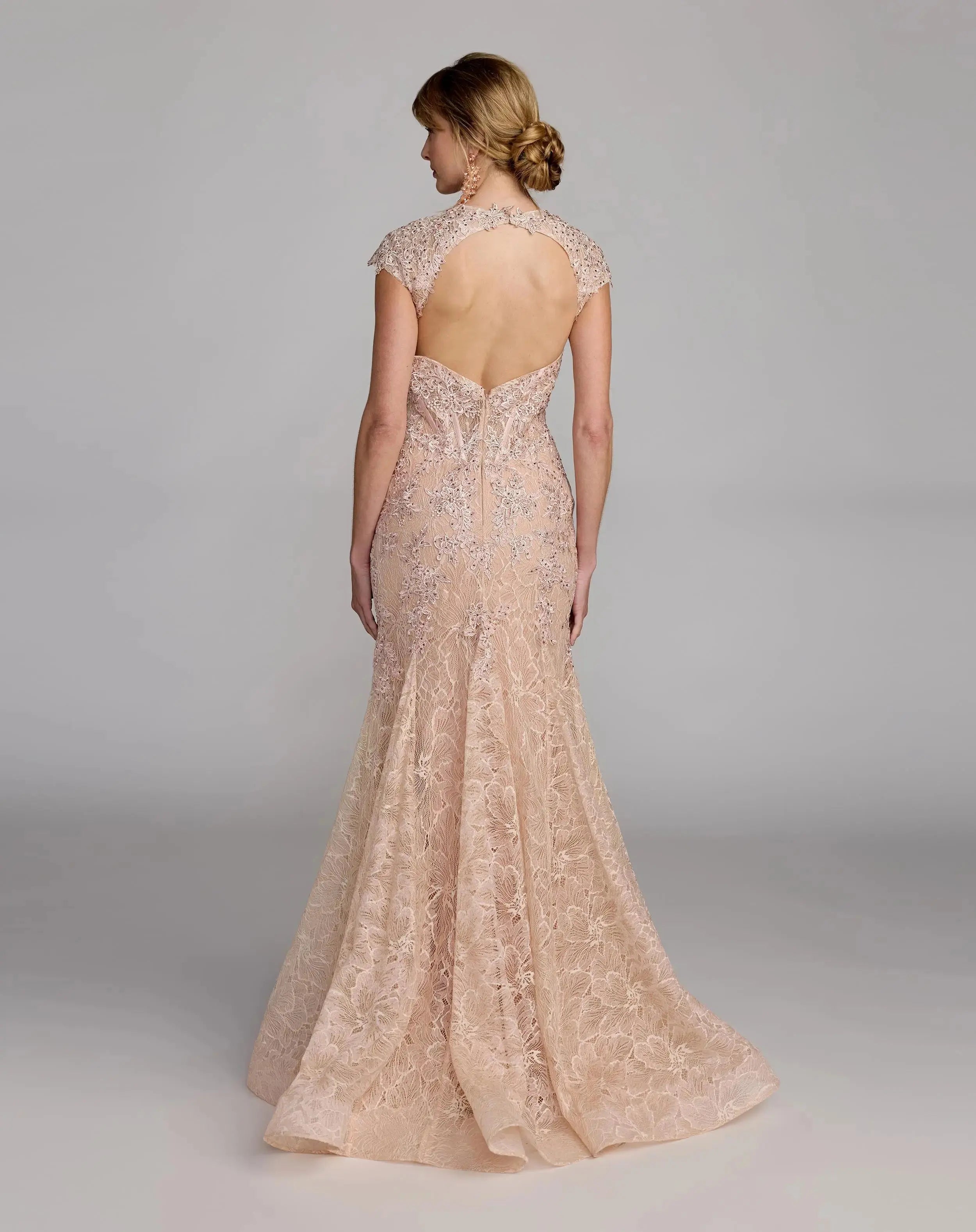 Pink Embroidered Lace Mermaid Gown With Cap Sleeves