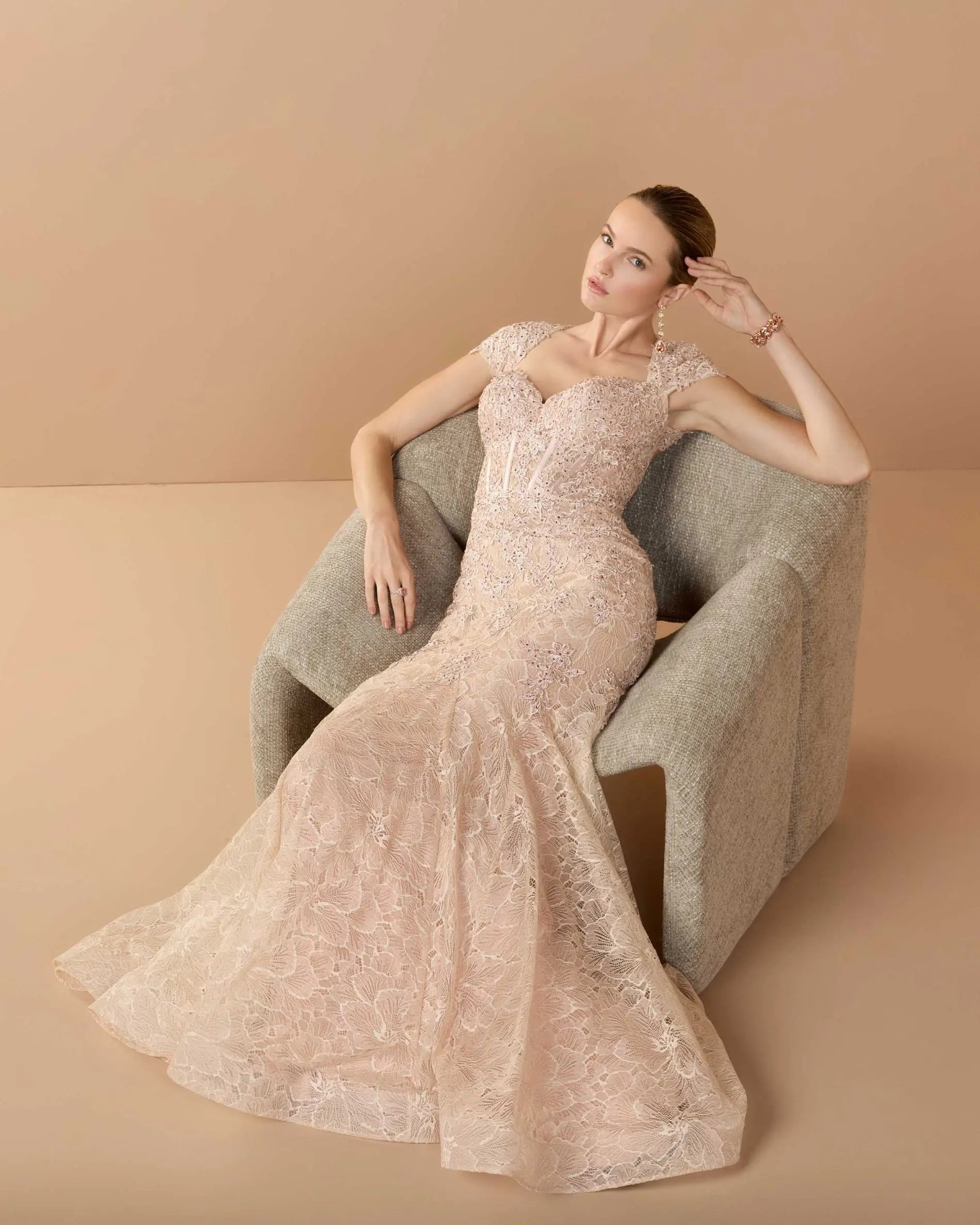 Pink Embroidered Lace Mermaid Gown With Cap Sleeves