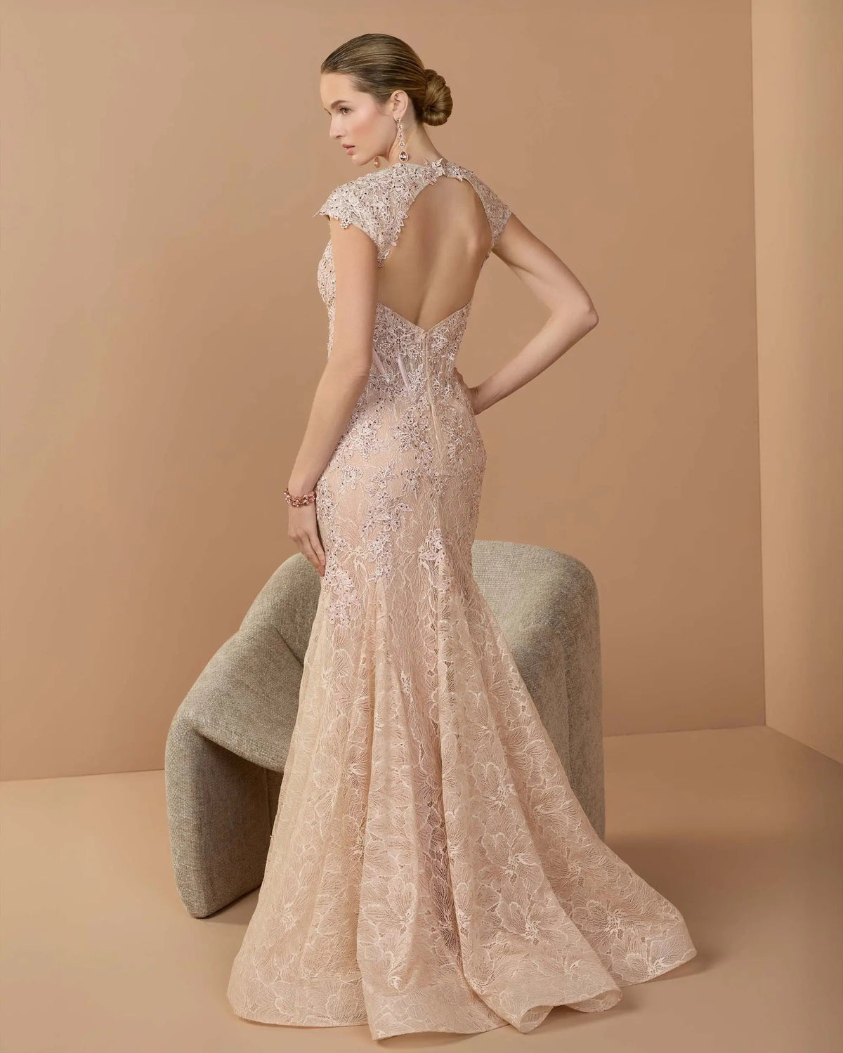 Pink Embroidered Lace Mermaid Gown With Cap Sleeves
