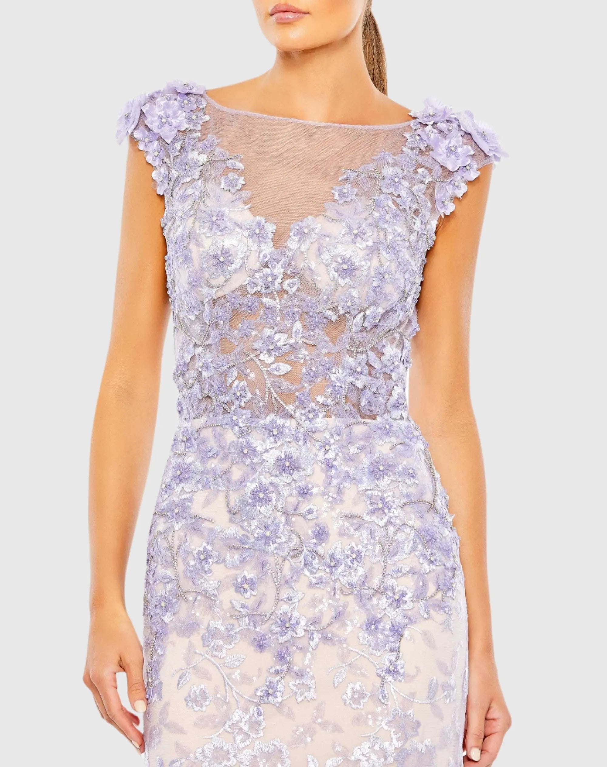 Purple Embellished Cap Sleeve Illusion Neck Trumpet Gown - FINAL SALE