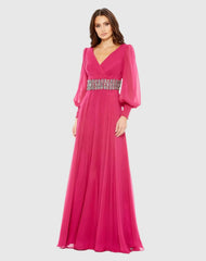 Pink Bishop Sleeve Wrap Over Belt Detail Flowy Gown