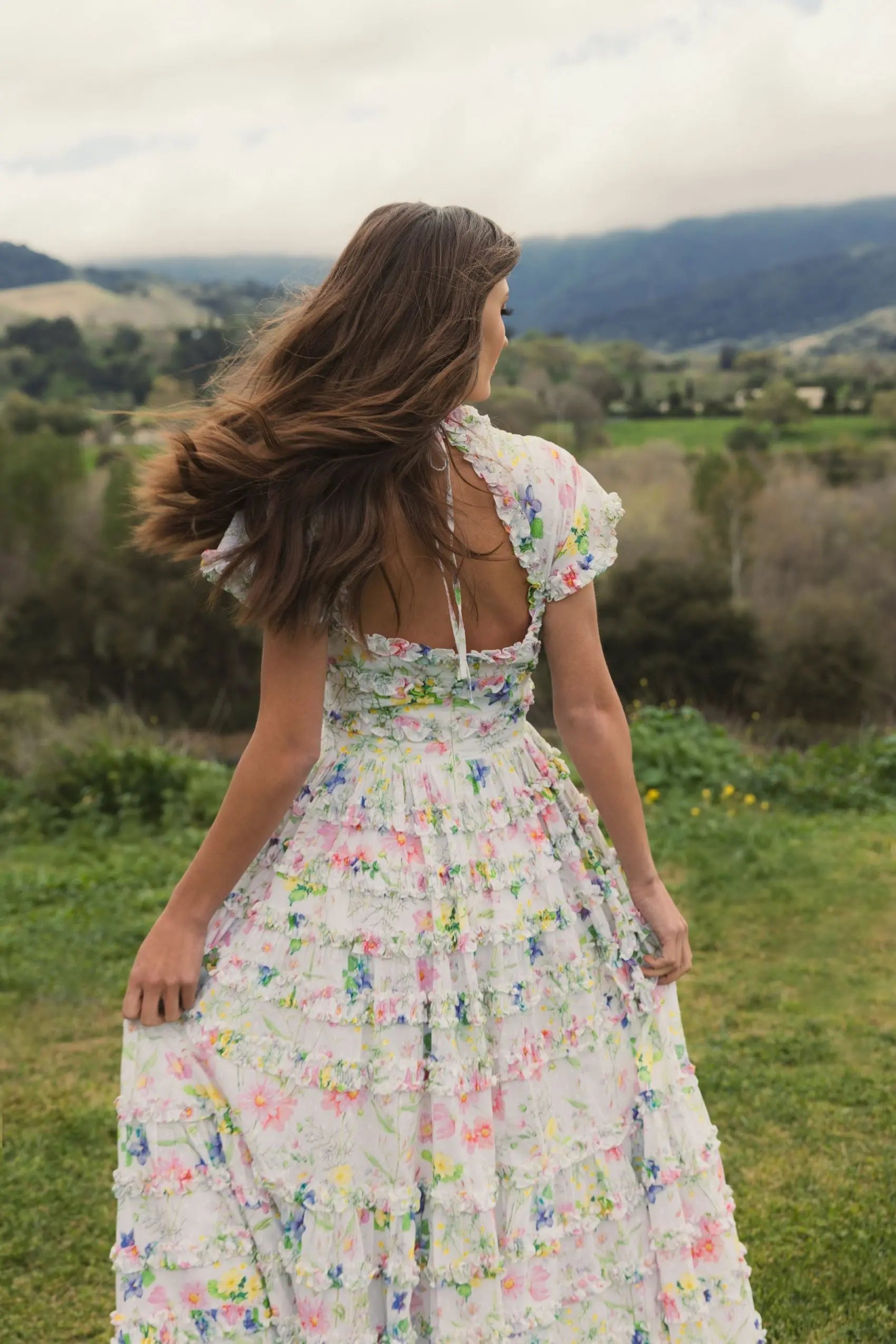 White Floral Ruffle Cotton Midi Dress